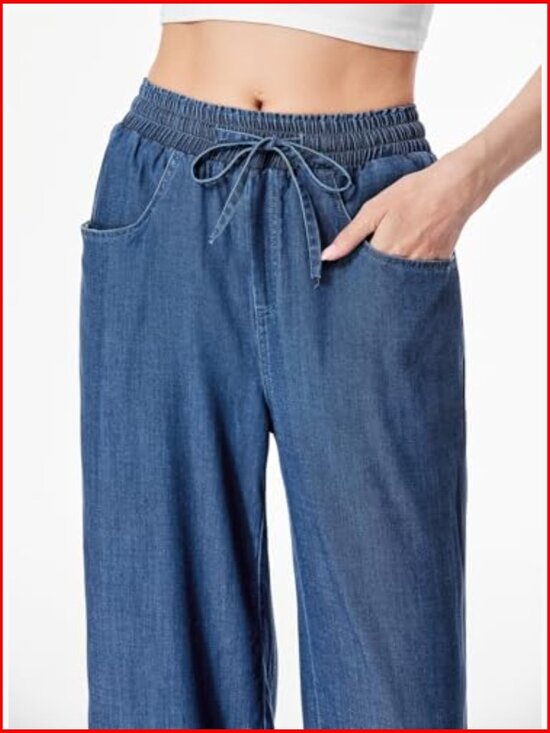 High Waisted Wide Leg Drawstring Jeans Loose Fit Denim Pants - Picture 5 of 7